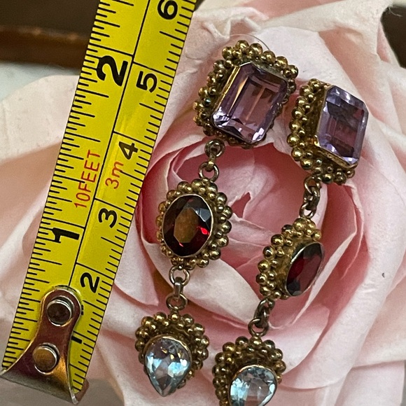 Vintage amethyst, garnet and blue topaz earrings set in gold plated SS. - Picture 6 of 7